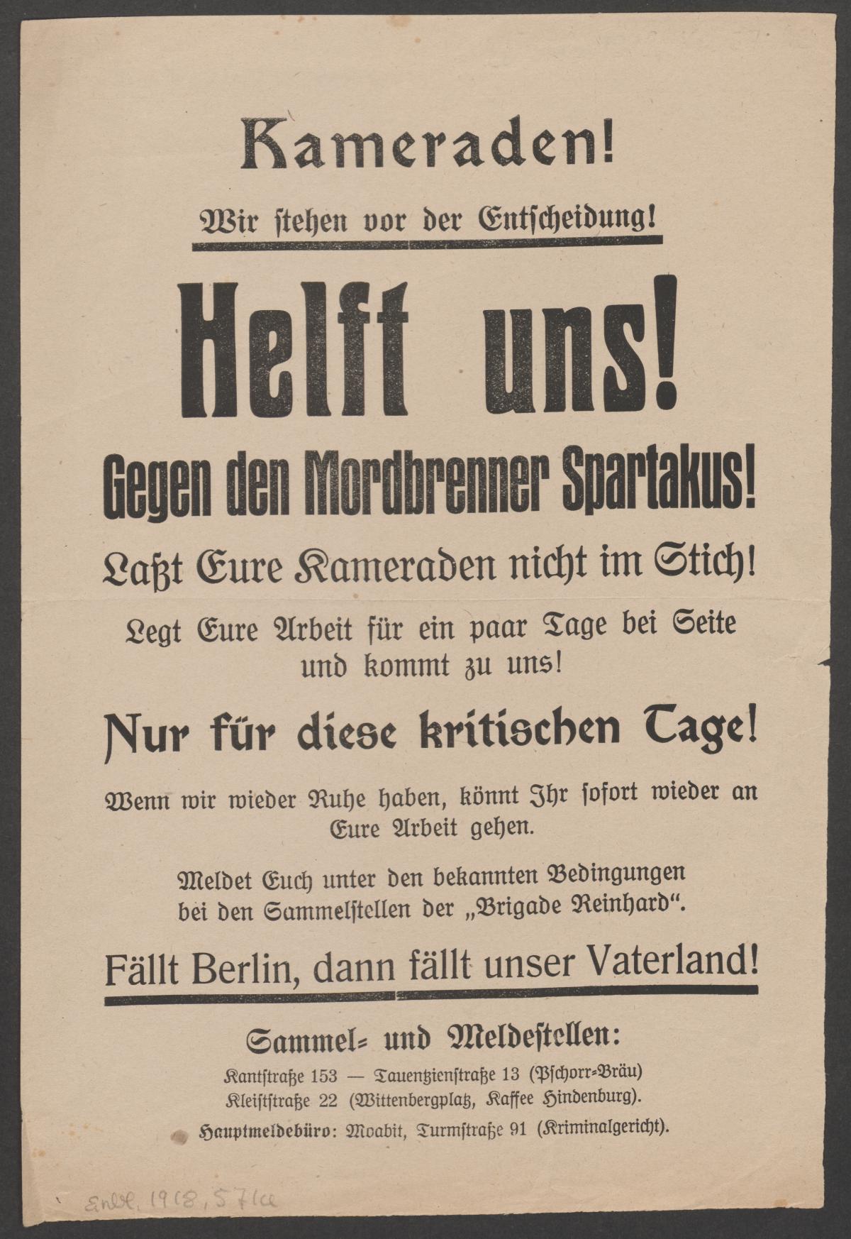 Plakat "Helft uns gegen Spartakus"